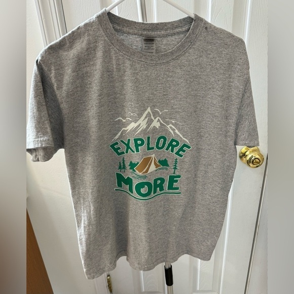 Boys Gilden Gray Camping “Explore More” Glow-in-the-dark T-Shirt Vinyl Graphics - Picture 1 of 6